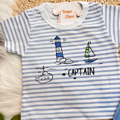 Conj. Camiseta Captain e Bermuda em Moletinho - Azul Claro